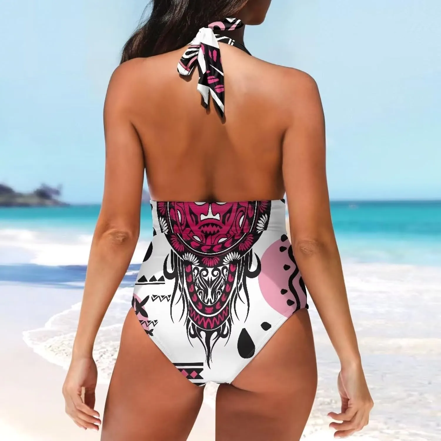 2024 Women's Tummy Control Swimwear One Piece Backless Beach Swimsuits Polynesian Print Beachwear Custom