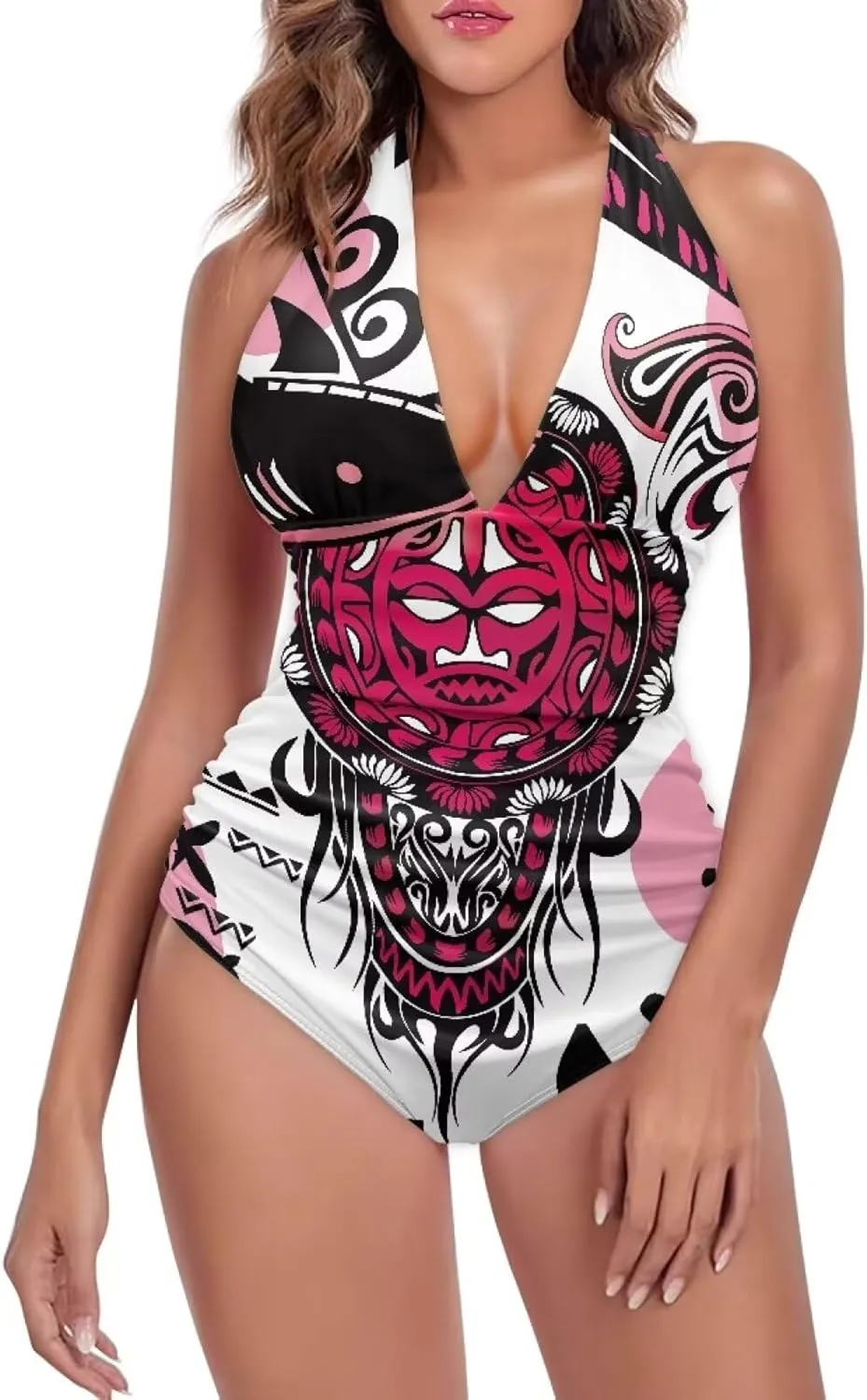 2024 Women's Tummy Control Swimwear One Piece Backless Beach Swimsuits Polynesian Print Beachwear Custom