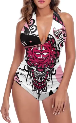 2024 Women's Tummy Control Swimwear One Piece Backless Beach Swimsuits Polynesian Print Beachwear Custom
