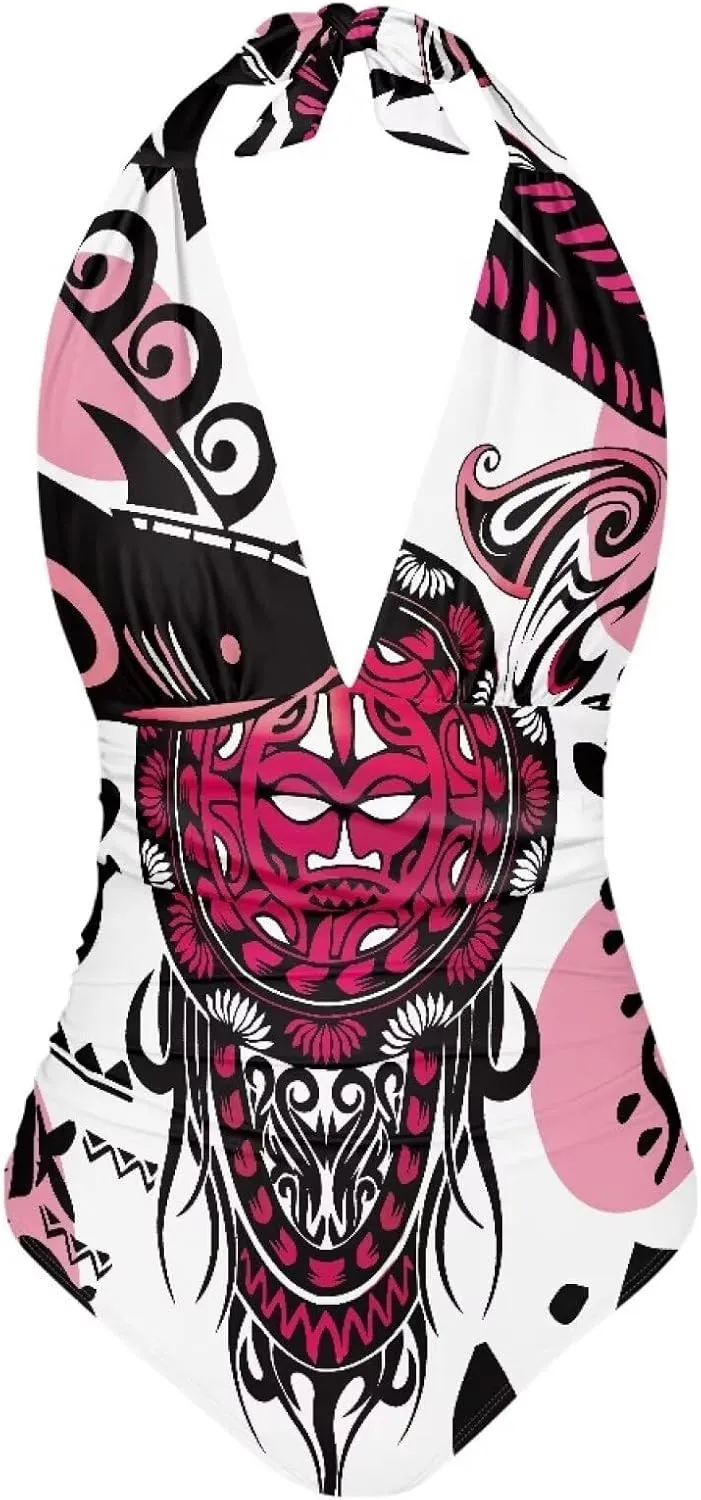 2024 Women's Tummy Control Swimwear One Piece Backless Beach Swimsuits Polynesian Print Beachwear Custom
