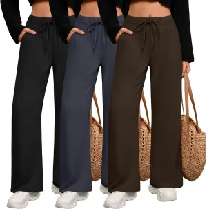 3 Pack Women's Lounge Pants with Pockets Casual Wide Leg Drawstring Yoga Pants Straight Trousers Spring Bottoms