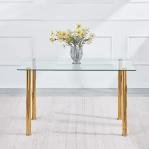 47.24" Glass Dining Table with Clear Top and Golden Legs, Glass Kitchen Table for Restaurant, Apartment and Small Space(47.24" x 27.55" x 29.5")