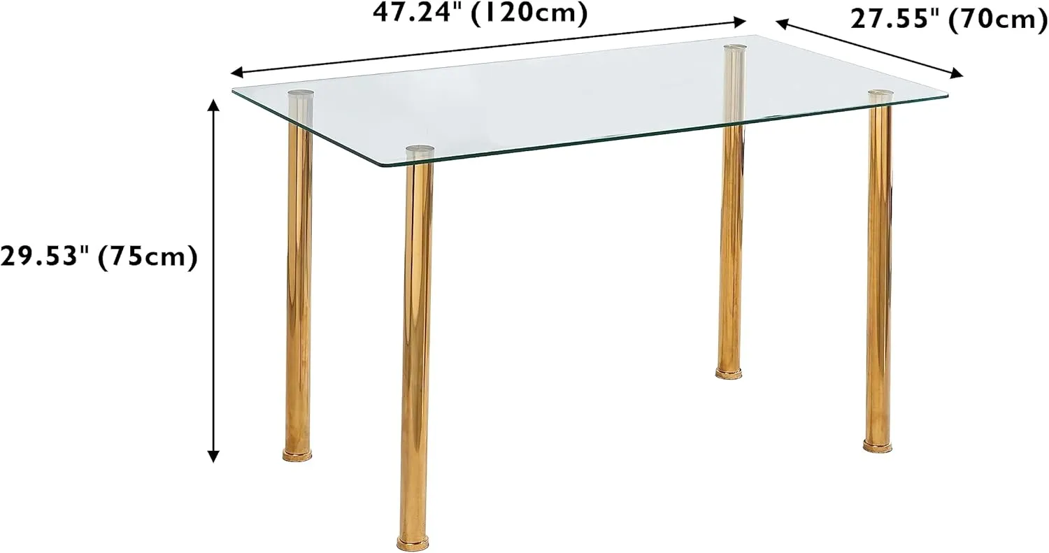 47.24" Glass Dining Table with Clear Top and Golden Legs, Glass Kitchen Table for Restaurant, Apartment and Small Space(47.24" x 27.55" x 29.5")