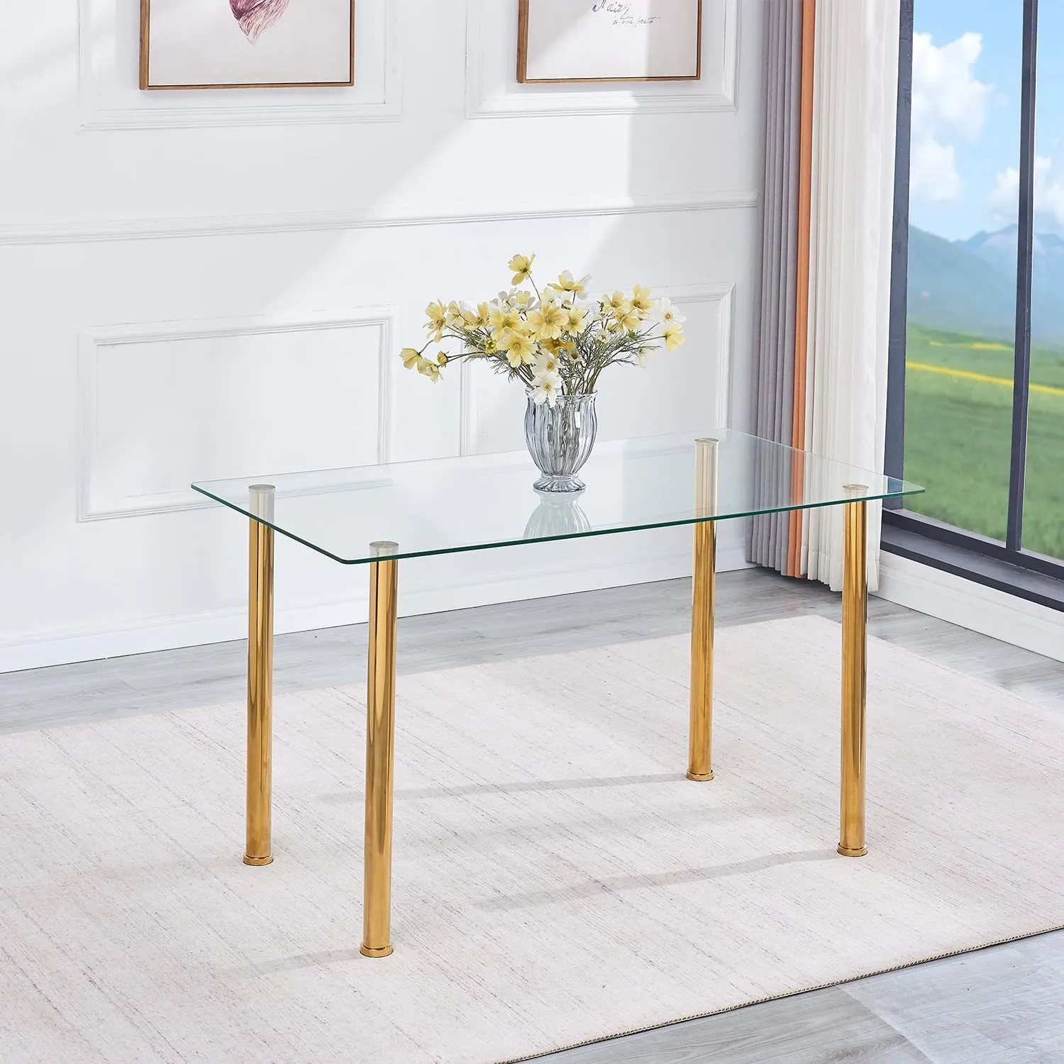 47.24" Glass Dining Table with Clear Top and Golden Legs, Glass Kitchen Table for Restaurant, Apartment and Small Space(47.24" x 27.55" x 29.5")