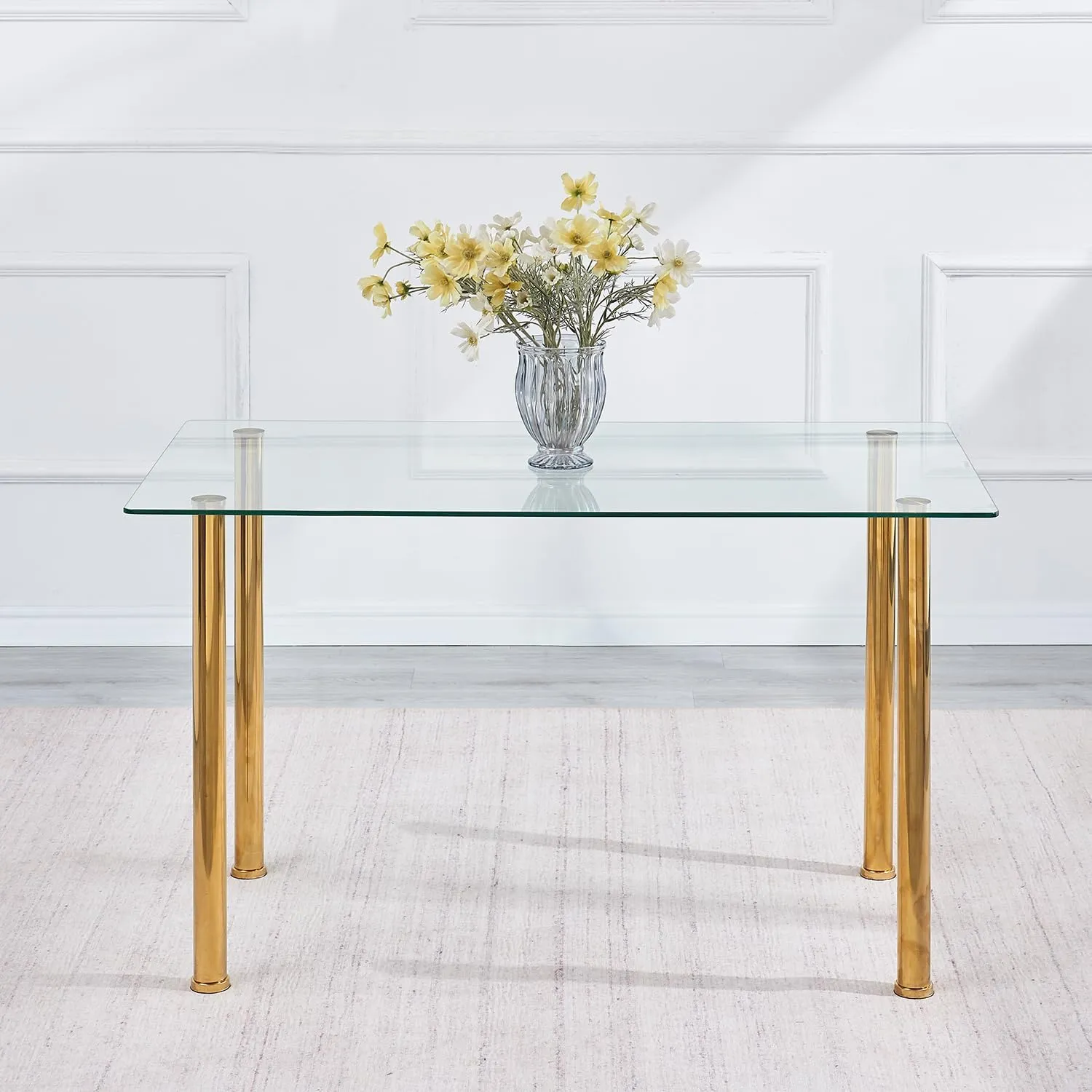 47.24" Glass Dining Table with Clear Top and Golden Legs, Glass Kitchen Table for Restaurant, Apartment and Small Space(47.24" x 27.55" x 29.5")