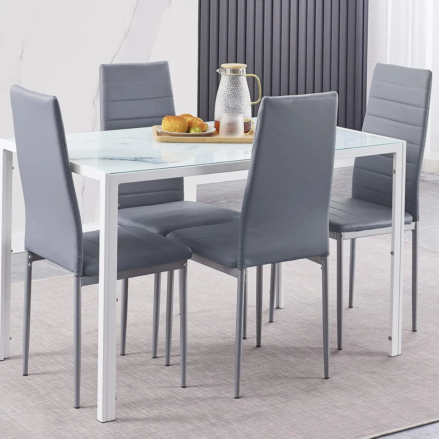 47.24" White Marbled Glass Dining Table Rectangle Glass Kitchen Table for Dining Room (47.24" * 27.5" * 29.5") with Tempered Glass and Metal Frame and Legs