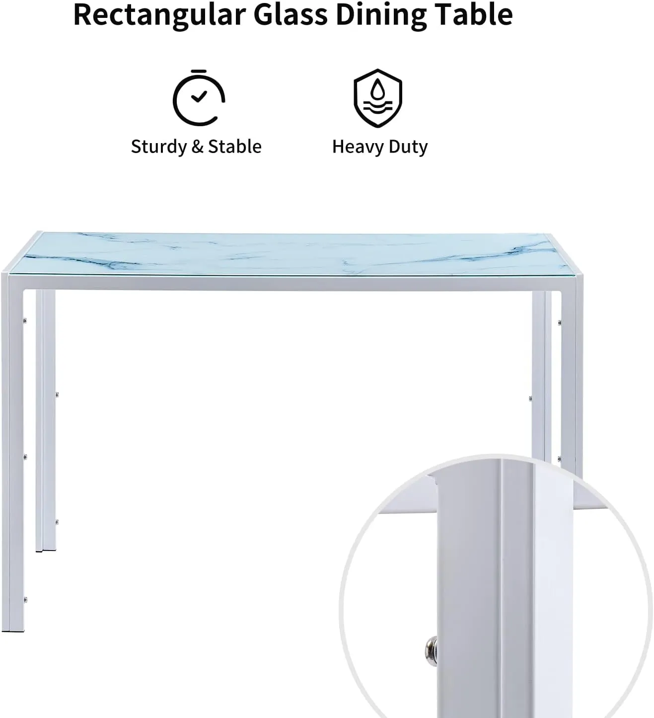 47.24" White Marbled Glass Dining Table Rectangle Glass Kitchen Table for Dining Room (47.24" * 27.5" * 29.5") with Tempered Glass and Metal Frame and Legs