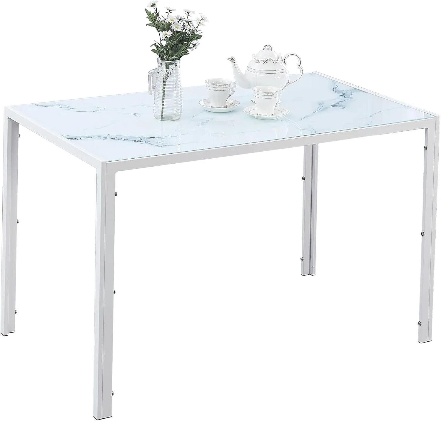 47.24" White Marbled Glass Dining Table Rectangle Glass Kitchen Table for Dining Room (47.24" * 27.5" * 29.5") with Tempered Glass and Metal Frame and Legs