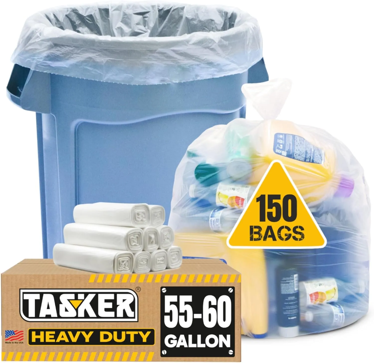 55-60 Gallon Trash Bags, 150 Bags Large Clear Garbage Bags, Bulk Trash Can Liners Perfect for Office, Waste, and Storage Use, Recycling, Yard Waste, and Leaf Collection, Rollaway Bin Liners