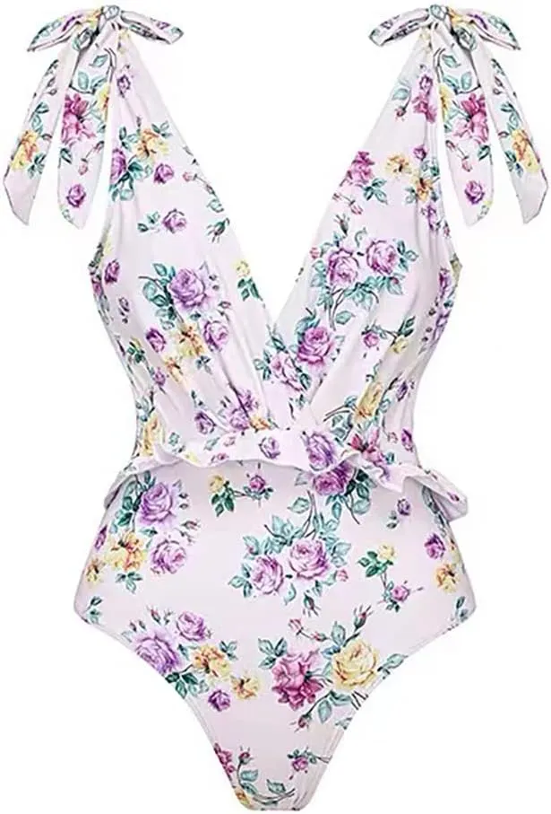 AFAVOM Women's One Piece Swimsuit Bathing Suit V-Neck Floral Printed Monokini Swimsuits Tummy Control Swimwear Beachwear