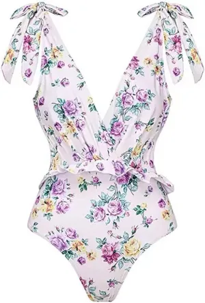 AFAVOM Women's One Piece Swimsuit Bathing Suit V-Neck Floral Printed Monokini Swimsuits Tummy Control Swimwear Beachwear