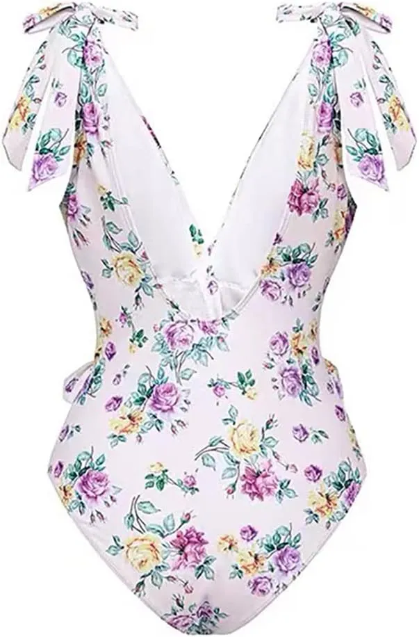 AFAVOM Women's One Piece Swimsuit Bathing Suit V-Neck Floral Printed Monokini Swimsuits Tummy Control Swimwear Beachwear