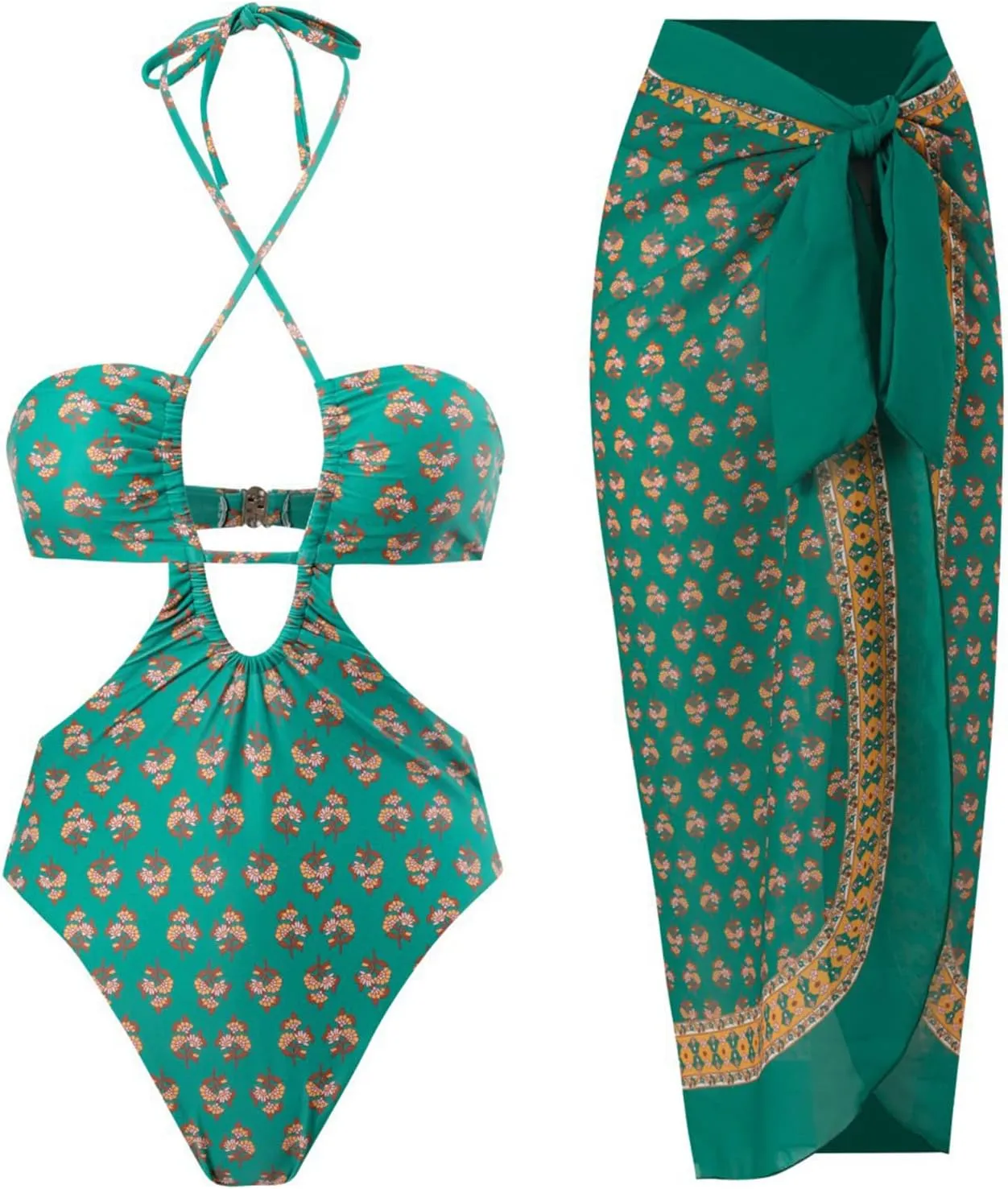 AFAVOM Women's One Piece Swimsuit with Cover up Beach Skirt Sarong Two Piece Floral Printed Monokini Swimsuit Bathing Suit