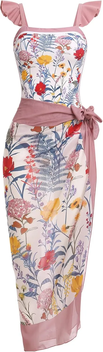 AFAVOM Women's One Piece Swimsuit with Cover up Beach Skirt Sarong Two Piece Floral Printed Monokini Swimsuit Bathing Suit