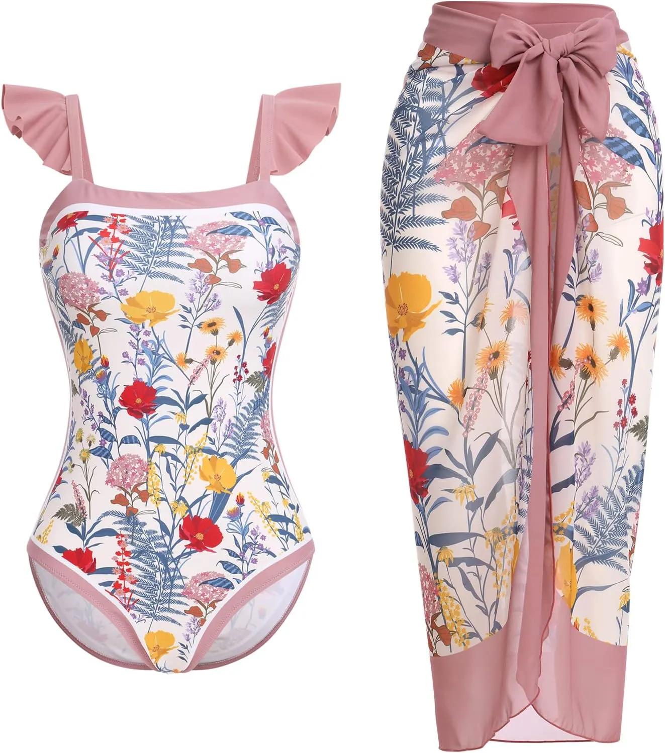 AFAVOM Women's One Piece Swimsuit with Cover up Beach Skirt Sarong Two Piece Floral Printed Monokini Swimsuit Bathing Suit