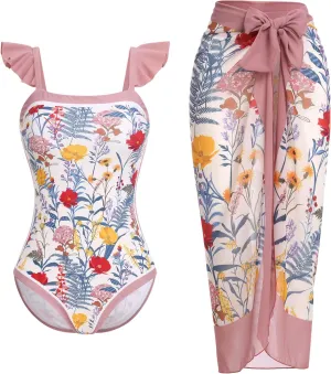 AFAVOM Women's One Piece Swimsuit with Cover up Beach Skirt Sarong Two Piece Floral Printed Monokini Swimsuit Bathing Suit