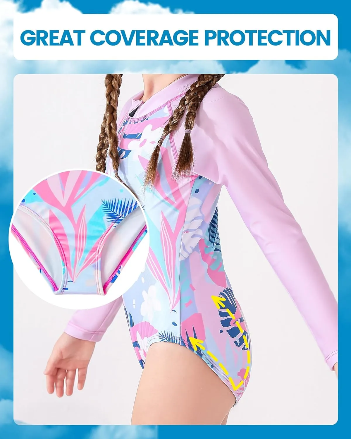 Angel season Girls Long Sleeve Swimsuits One Piece Rash Guard Bathing Suit UPF50  Toddler Kids Zipper Swimwear Size 2-10