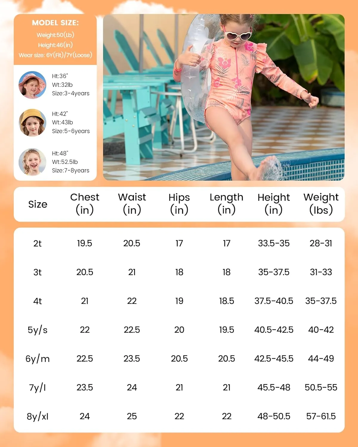 Angel season Girls Long Sleeve Swimsuits One Piece Rash Guard Bathing Suit UPF50  Toddler Kids Zipper Swimwear Size 2-10