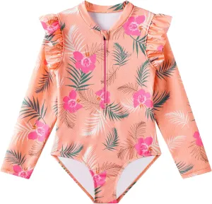 Angel season Girls Long Sleeve Swimsuits One Piece Rash Guard Bathing Suit UPF50  Toddler Kids Zipper Swimwear Size 2-10