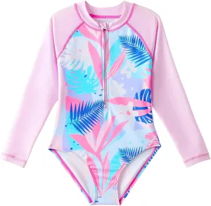 Angel season Girls Long Sleeve Swimsuits One Piece Rash Guard Bathing Suit UPF50  Toddler Kids Zipper Swimwear Size 2-10