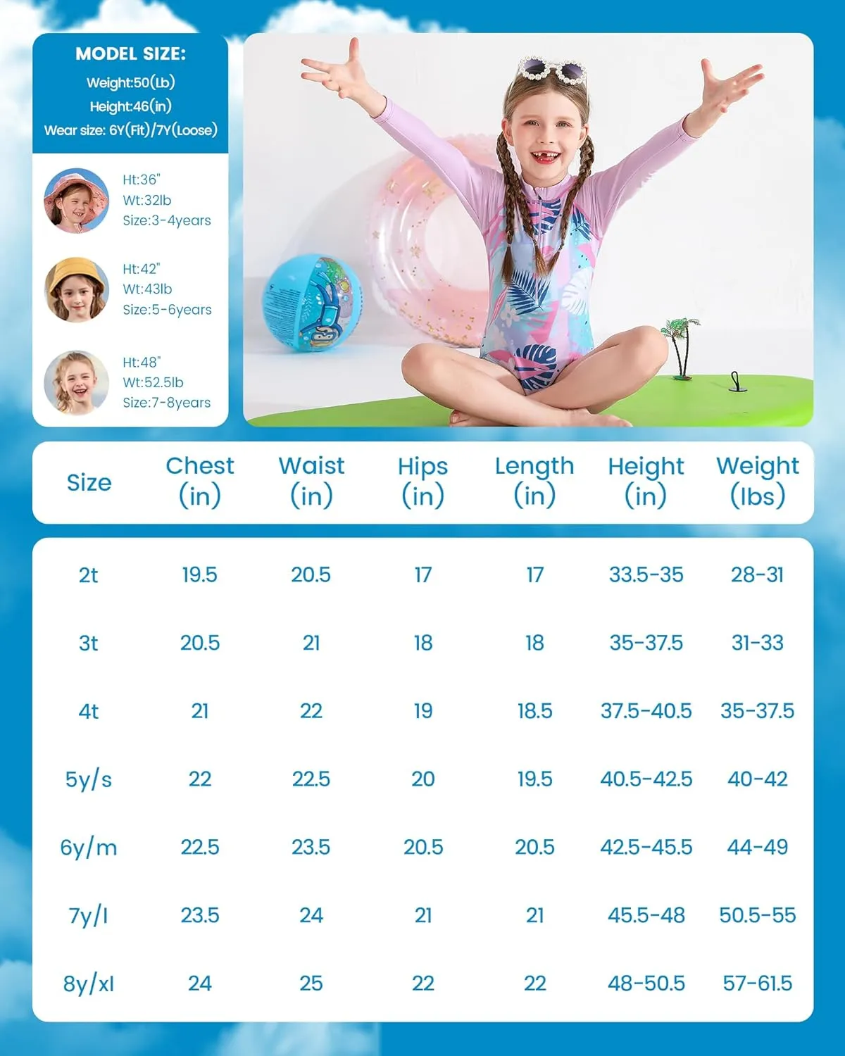 Angel season Girls Long Sleeve Swimsuits One Piece Rash Guard Bathing Suit UPF50  Toddler Kids Zipper Swimwear Size 2-10