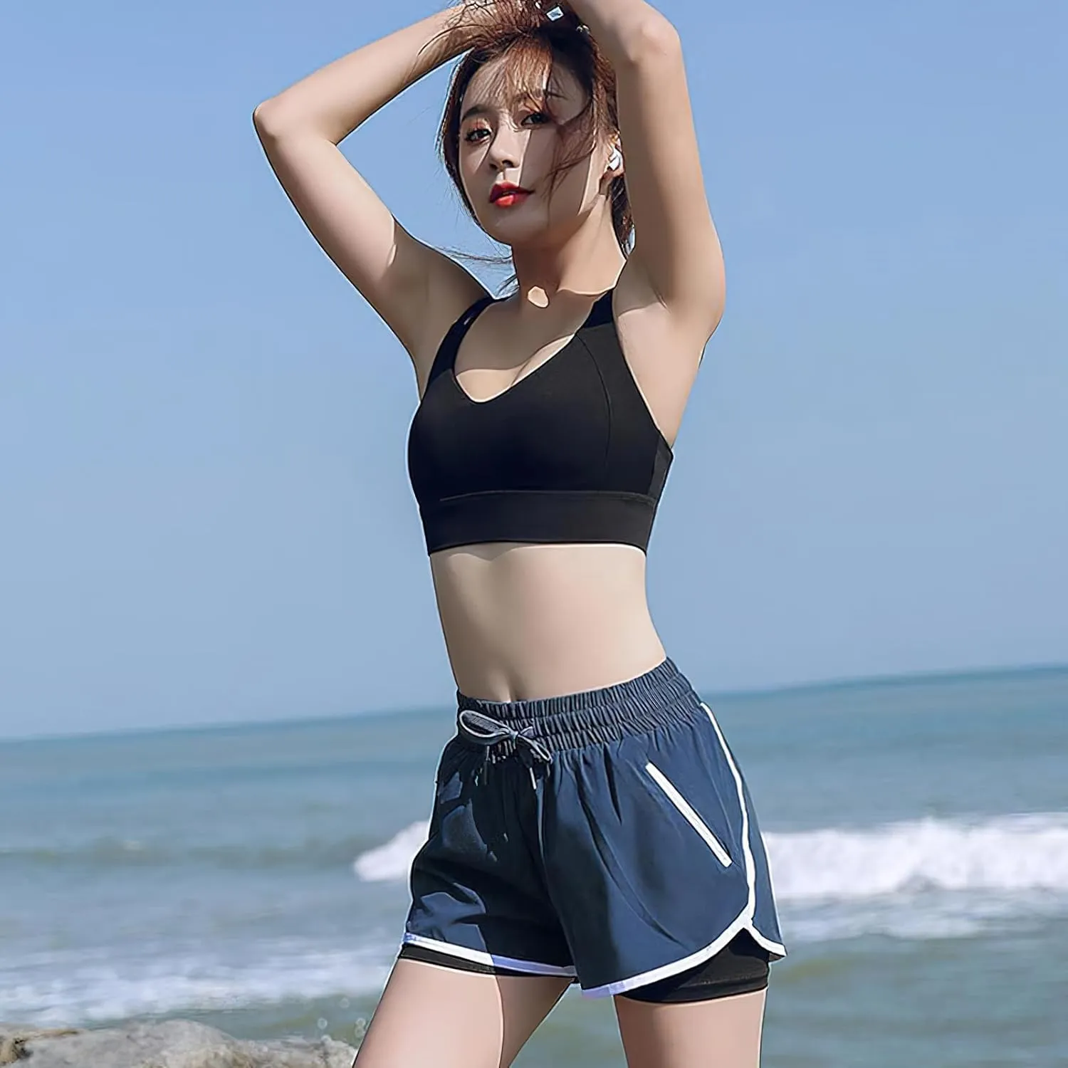 ANUFER Womens 2 in 1 Sports Running Shorts High Waist Quick Dry Gym Yoga Activewear Shorts with Zip Pockets