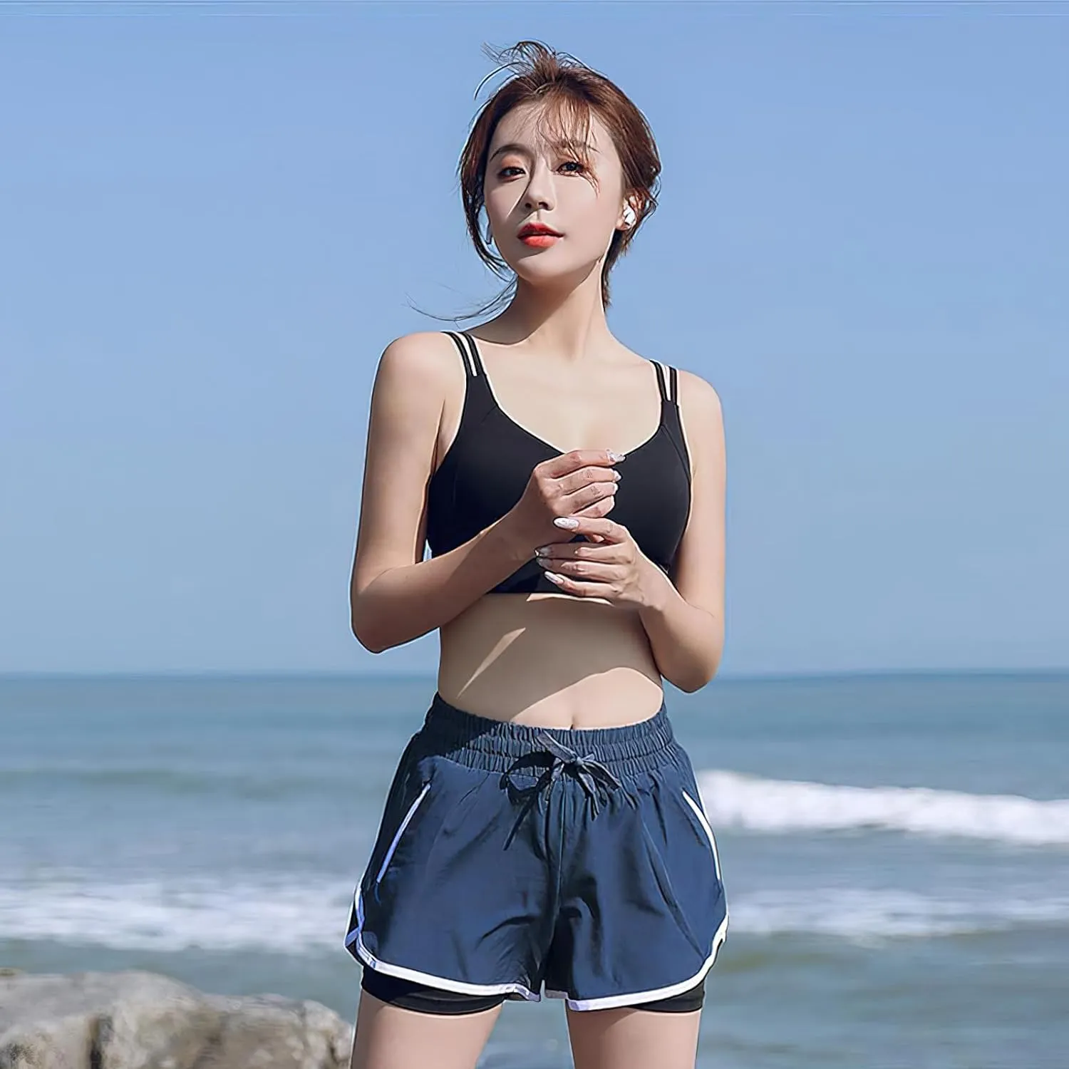 ANUFER Womens 2 in 1 Sports Running Shorts High Waist Quick Dry Gym Yoga Activewear Shorts with Zip Pockets