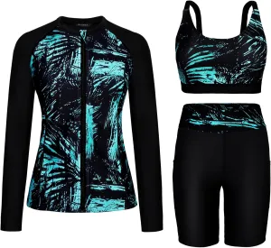 Arolina Modest Swimsuits for Women Long Sleeve Bathing Suits Over 50 Rash Guard for Women with High Waisted Swim Shorts Green S