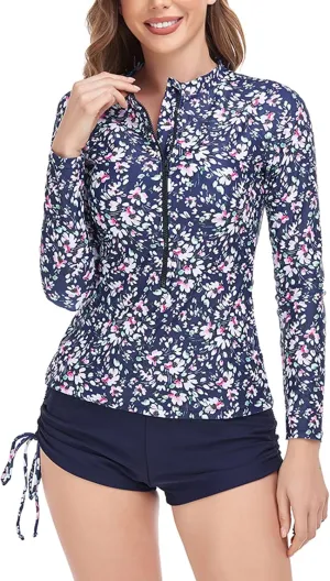 AUBIG Long Sleeve Shorty Wetsuit Women Sun Protection One Piece Swimsuit Printed Full Body Rash Guard Zip Up Surf Swimwear
