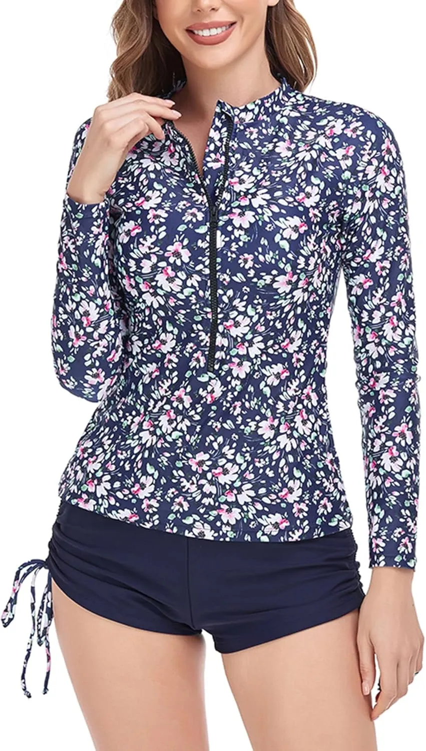 AUBIG Long Sleeve Shorty Wetsuit Women Sun Protection One Piece Swimsuit Printed Full Body Rash Guard Zip Up Surf Swimwear