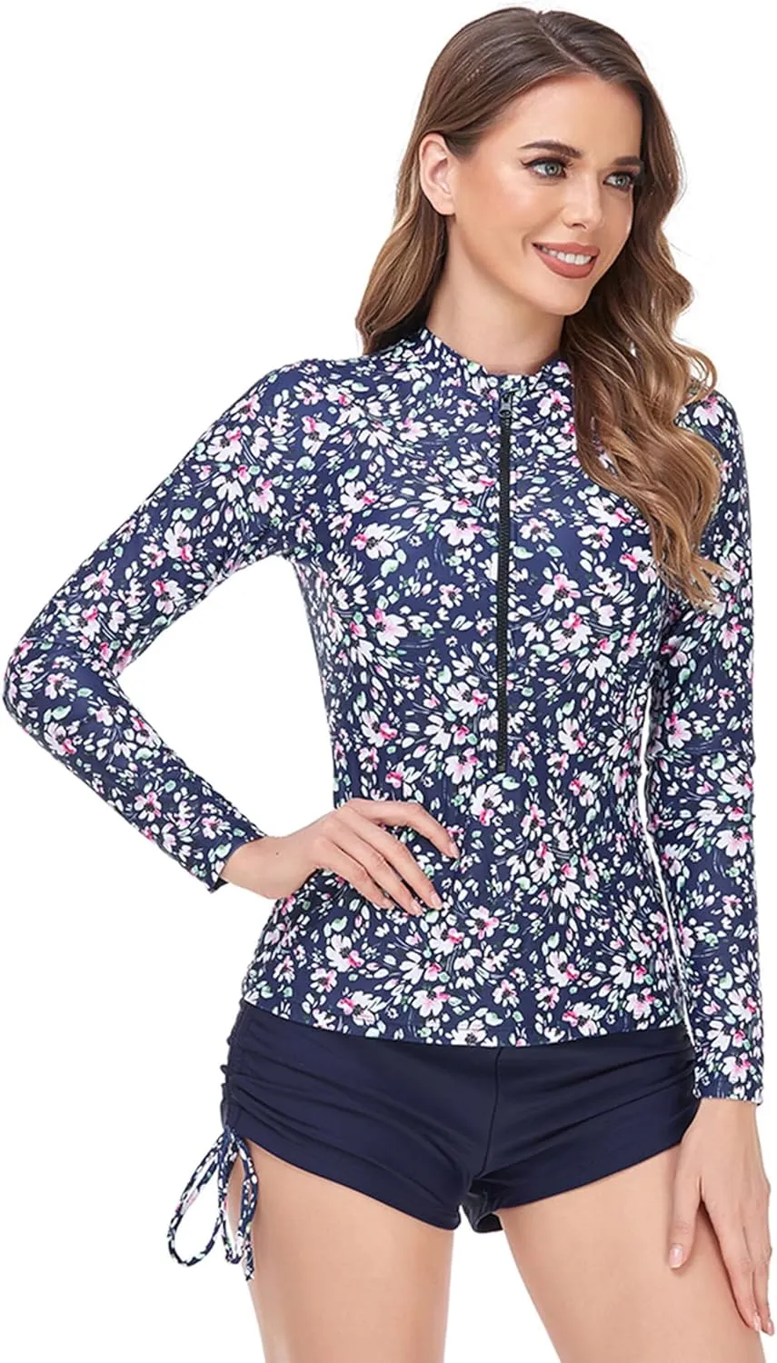 AUBIG Long Sleeve Shorty Wetsuit Women Sun Protection One Piece Swimsuit Printed Full Body Rash Guard Zip Up Surf Swimwear