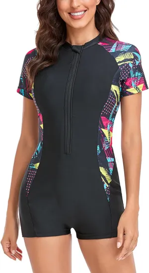 AUBIG Long Sleeve Shorty Wetsuit Women Sun Protection One Piece Swimsuit Printed Full Body Rash Guard Zip Up Surf Swimwear
