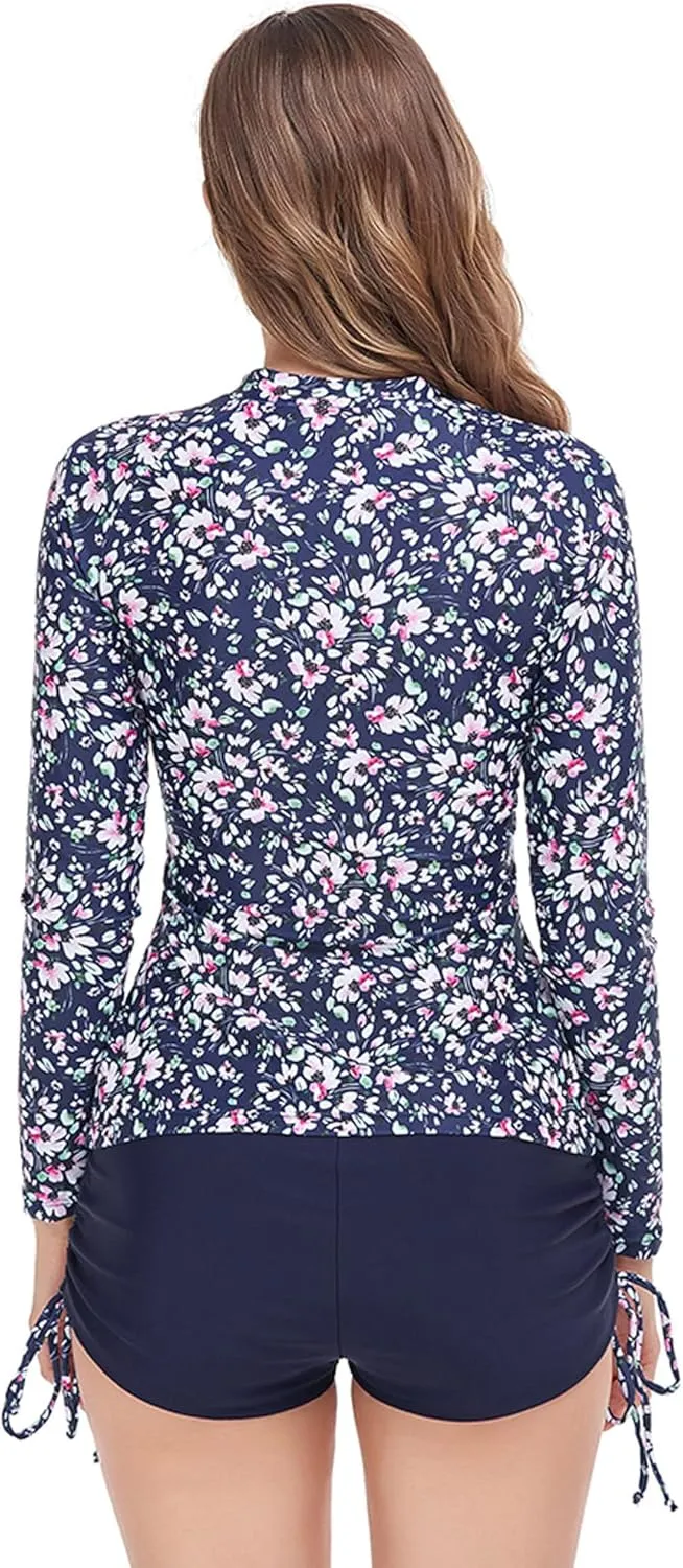 AUBIG Long Sleeve Shorty Wetsuit Women Sun Protection One Piece Swimsuit Printed Full Body Rash Guard Zip Up Surf Swimwear