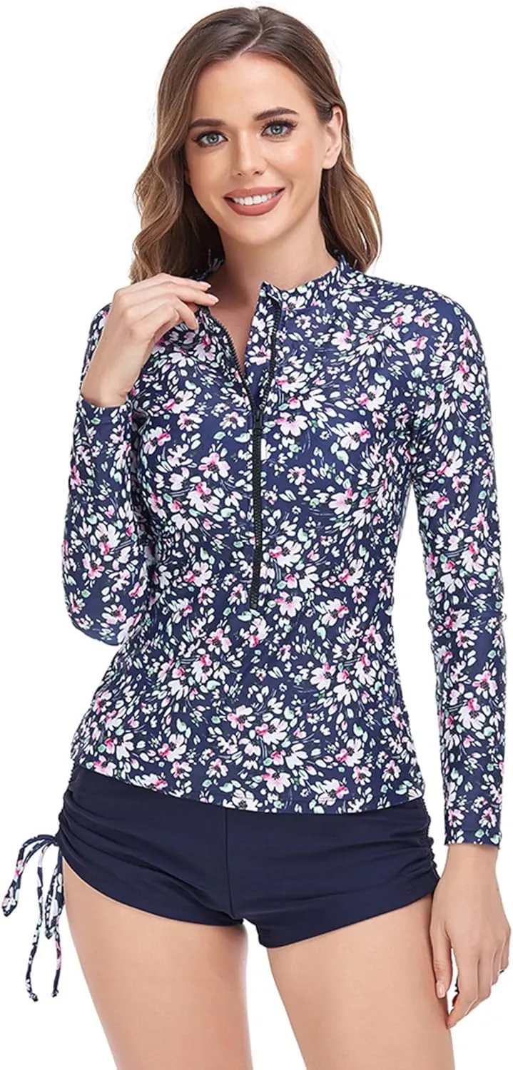 AUBIG Long Sleeve Shorty Wetsuit Women Sun Protection One Piece Swimsuit Printed Full Body Rash Guard Zip Up Surf Swimwear