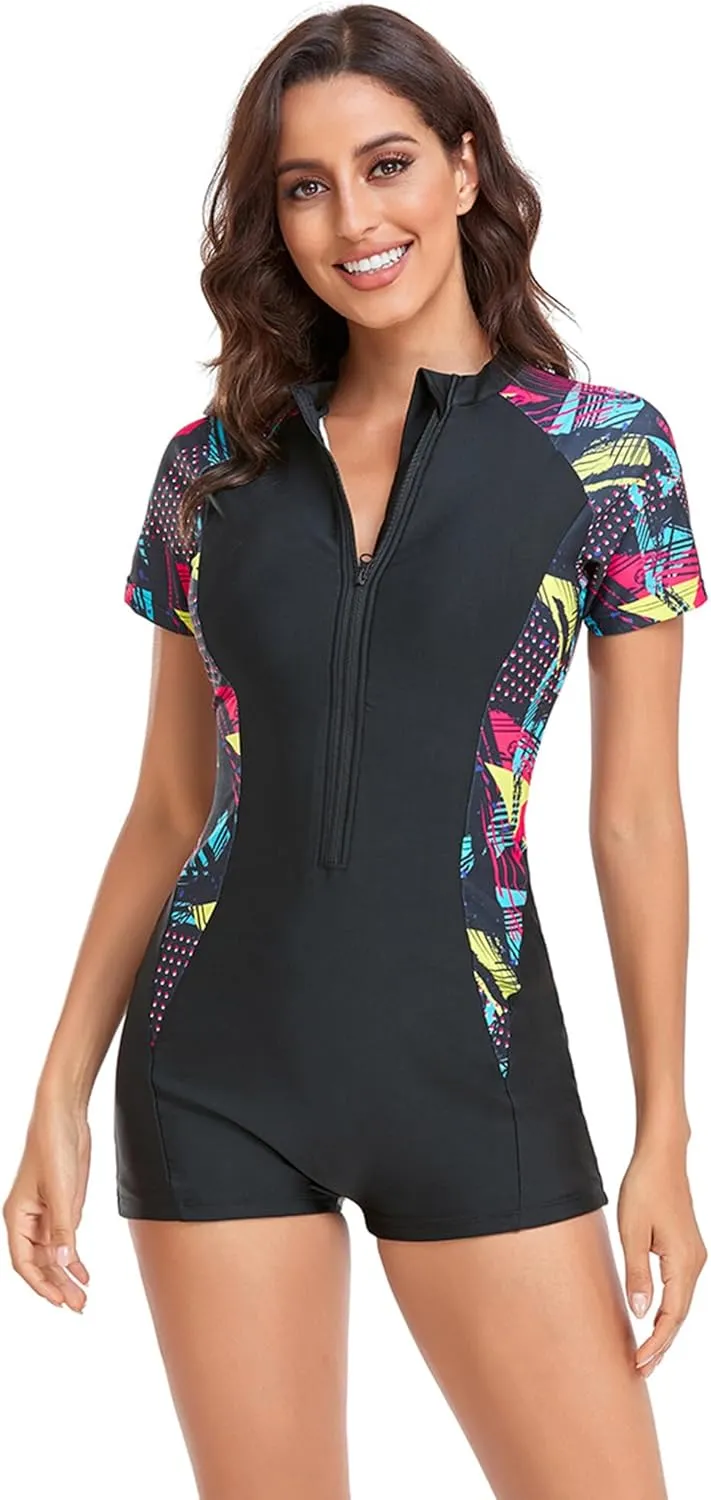 AUBIG Long Sleeve Shorty Wetsuit Women Sun Protection One Piece Swimsuit Printed Full Body Rash Guard Zip Up Surf Swimwear