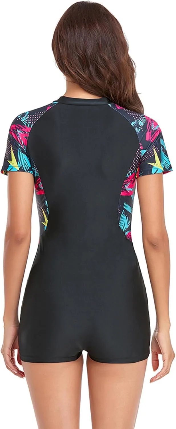 AUBIG Long Sleeve Shorty Wetsuit Women Sun Protection One Piece Swimsuit Printed Full Body Rash Guard Zip Up Surf Swimwear