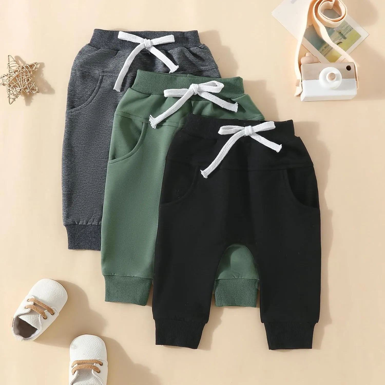Baby Boy 3-Pack Jogger Pants Active Harem Pant Solid Casual Sweatpants Drawstring Elastic Waist Trousers Bottoms