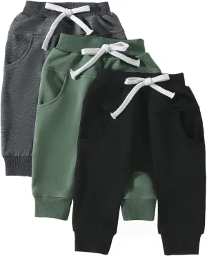 Baby Boy 3-Pack Jogger Pants Active Harem Pant Solid Casual Sweatpants Drawstring Elastic Waist Trousers Bottoms