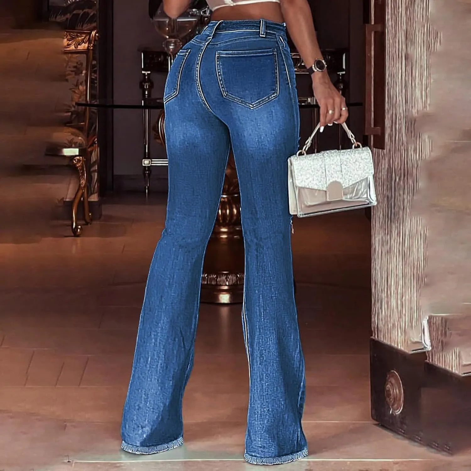 Bell Bottom Jeans for Women Ripped Skinny Raw Hem Plus Size Stretchy High Waisted Denim Wide Leg Jeans with Pockets