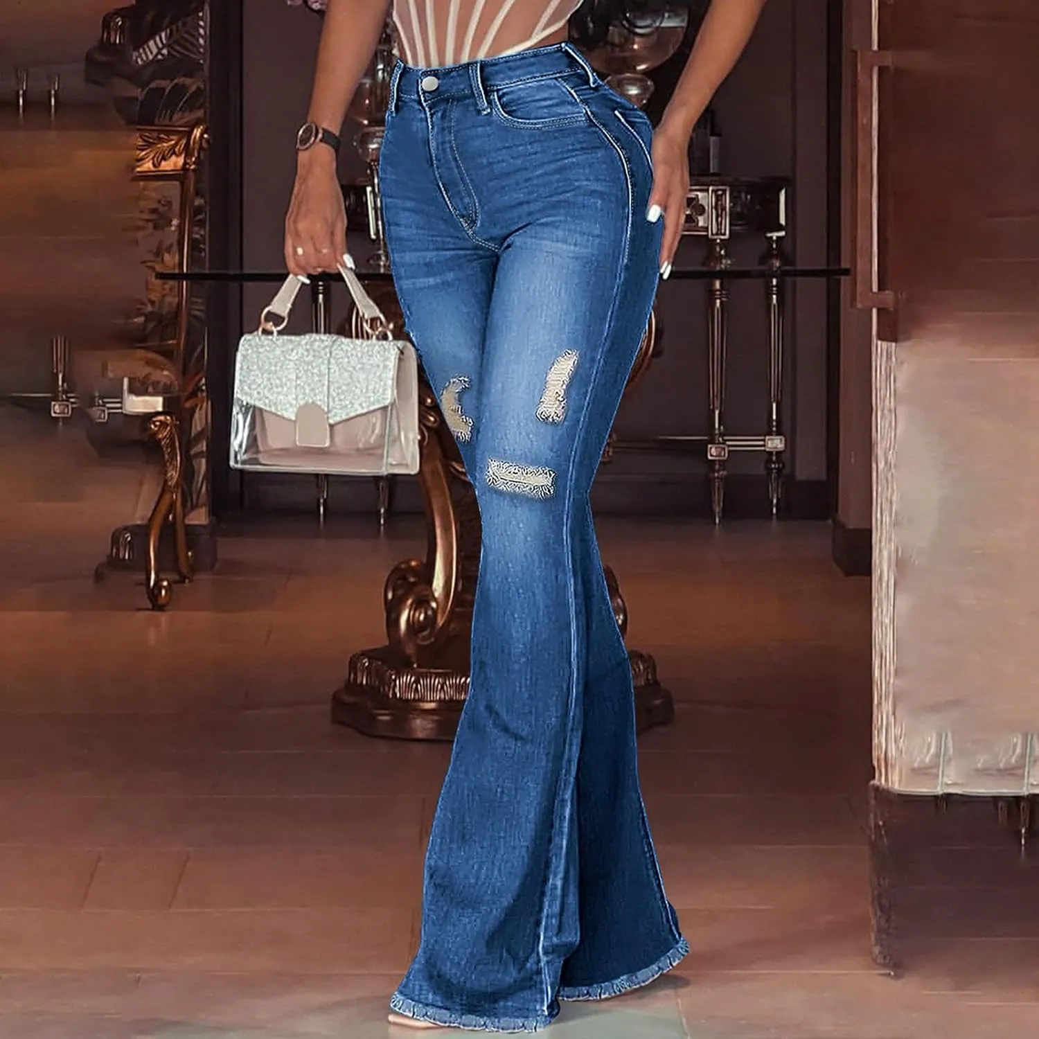 Bell Bottom Jeans for Women Ripped Skinny Raw Hem Plus Size Stretchy High Waisted Denim Wide Leg Jeans with Pockets