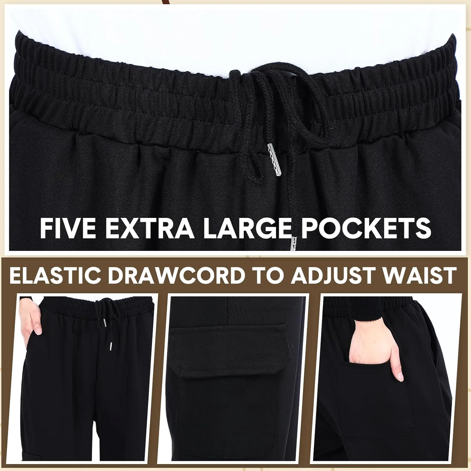Blosssound Summer Men's Chef Pants Pack Classic 5 Pocket Chef Cargo Baggy Kitchen Pants with Elastic Waist