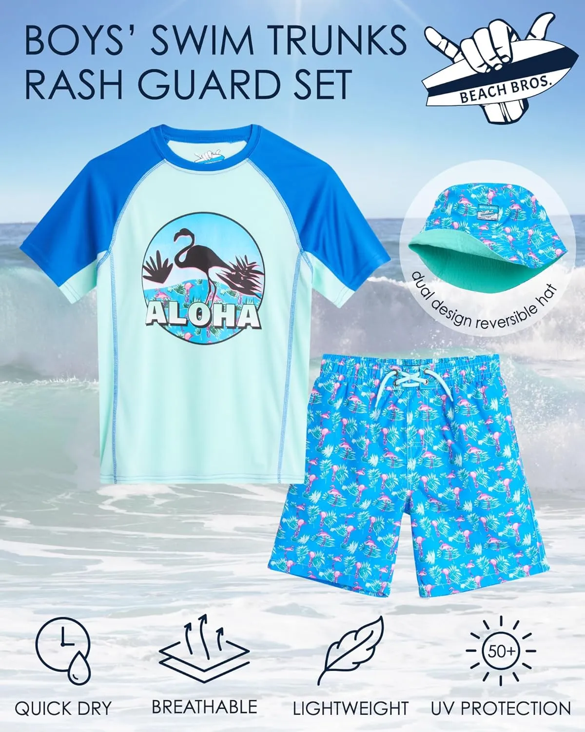 Boys' Rash Guard Swimwear Set - 3 Piece UPF 50  Long Sleeve Rash Guard Shirt, Bathing Suit, Reversible Bucket Hat (5-14)