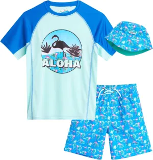 Boys' Rash Guard Swimwear Set - 3 Piece UPF 50  Long Sleeve Rash Guard Shirt, Bathing Suit, Reversible Bucket Hat (5-14)