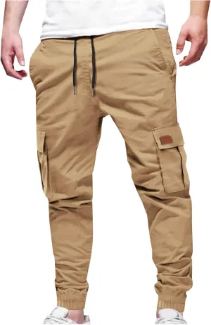 Cargo Pants for Men Straight Fit Casual Sweatpants Mens Drawstring Gym Joggers Pants Elastic Cinch Bottoms Trousers