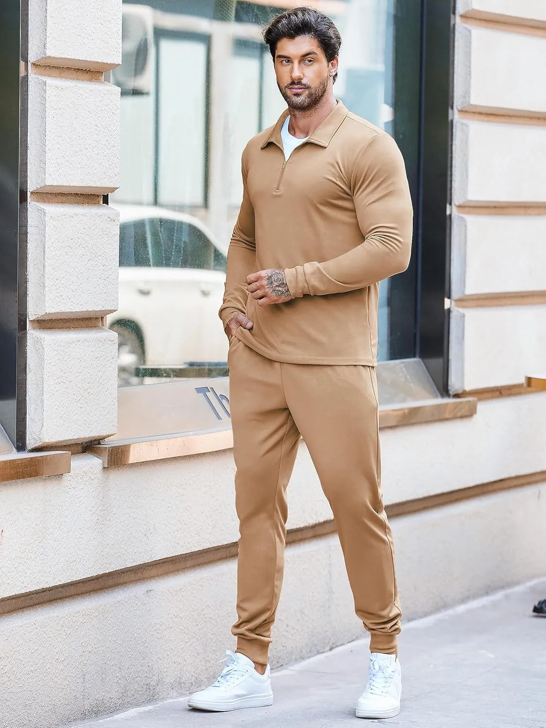 COOFANDY Men's Tracksuit 2 Piece Quarter Zip Polo Athletic Sweatsuits Casual Running Jogging Sport Suit Sets