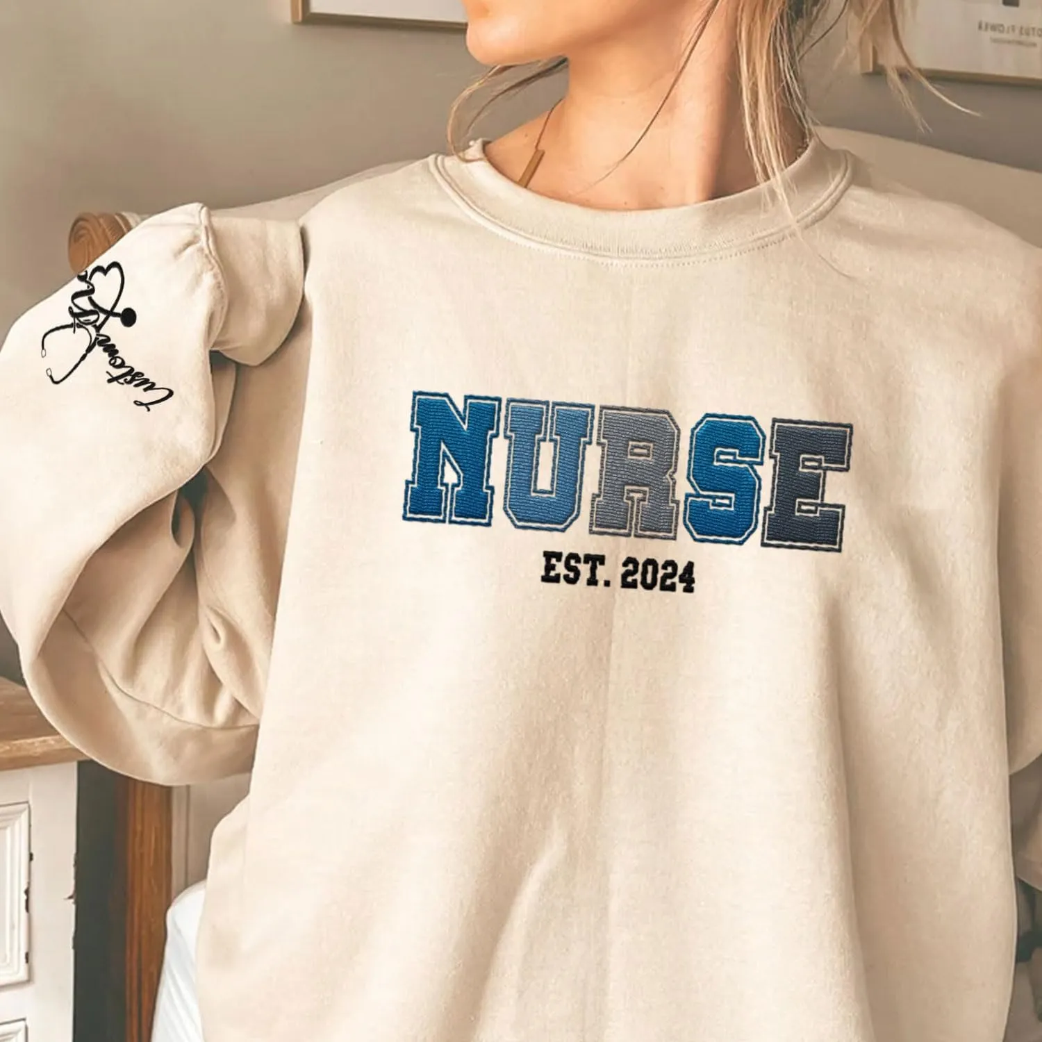 Custom Embroidered Nurse Sweatshirt Personalized Name Sleeve Gift for Women RN LPN CNA Cute Health Tee for School Medical