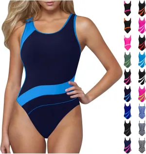 DDAPJ pyju Women's One Piece Swimsuit Color Block Tummy Control Slimming Bathing Suit Backless Athletic Monokini Swimwear