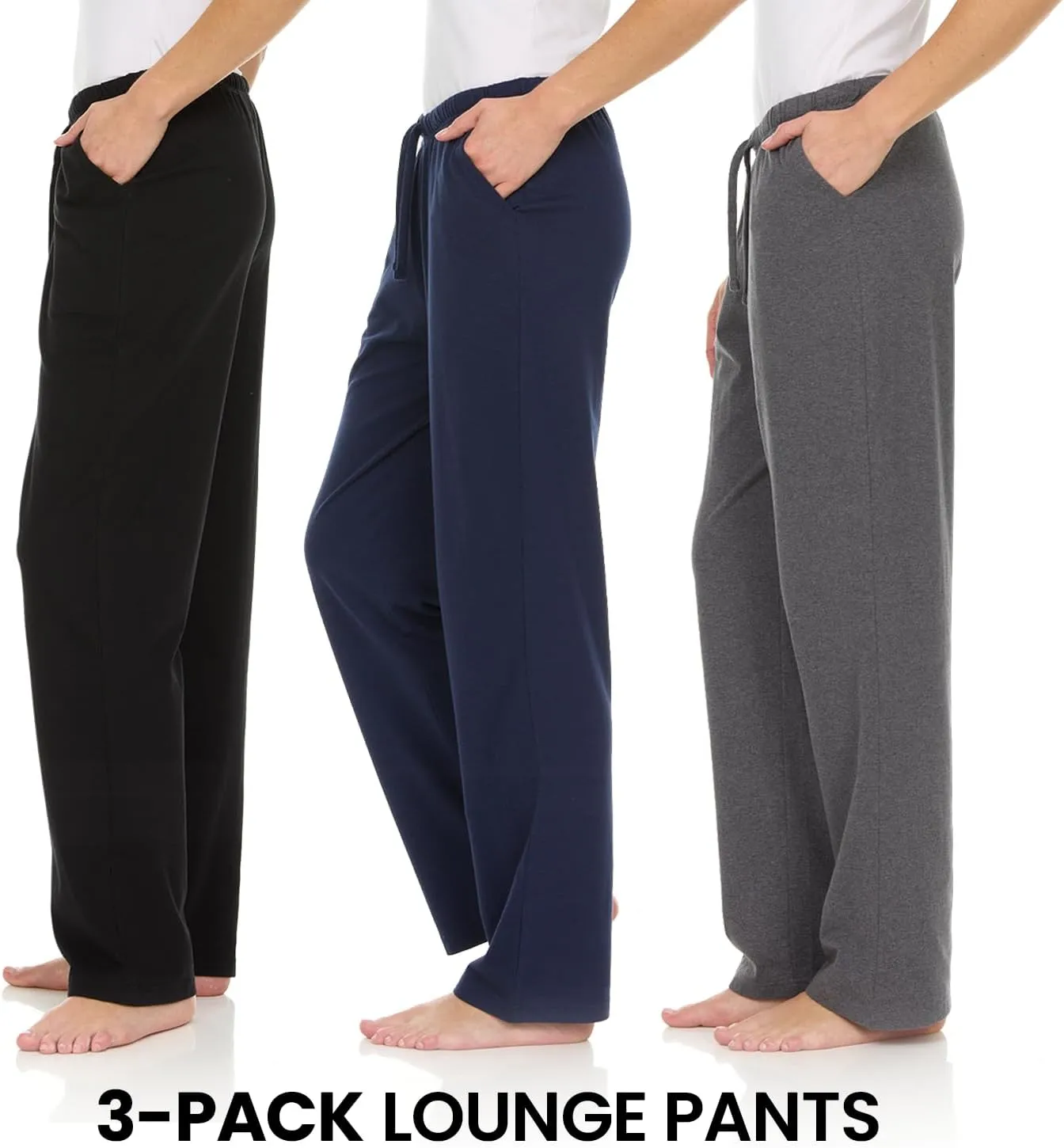 Essential Elements 3 Pack: Womens Cotton Jersey Pants - 100% Cotton Lounge Athletic Casual Sleep Casual Pajama PJ Pants