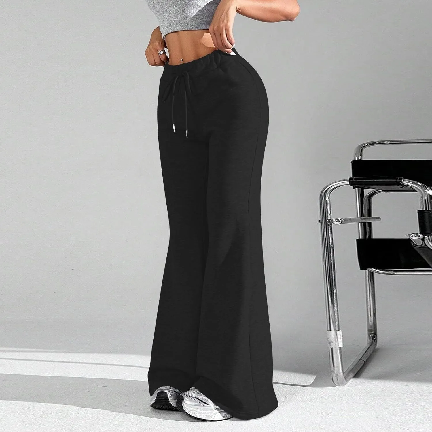 Flare Wide Leg Sweatpants Women Cute Elastic High Waisted Fleece Lined Sweat Pants with Pockets Comfy Lounge Pants