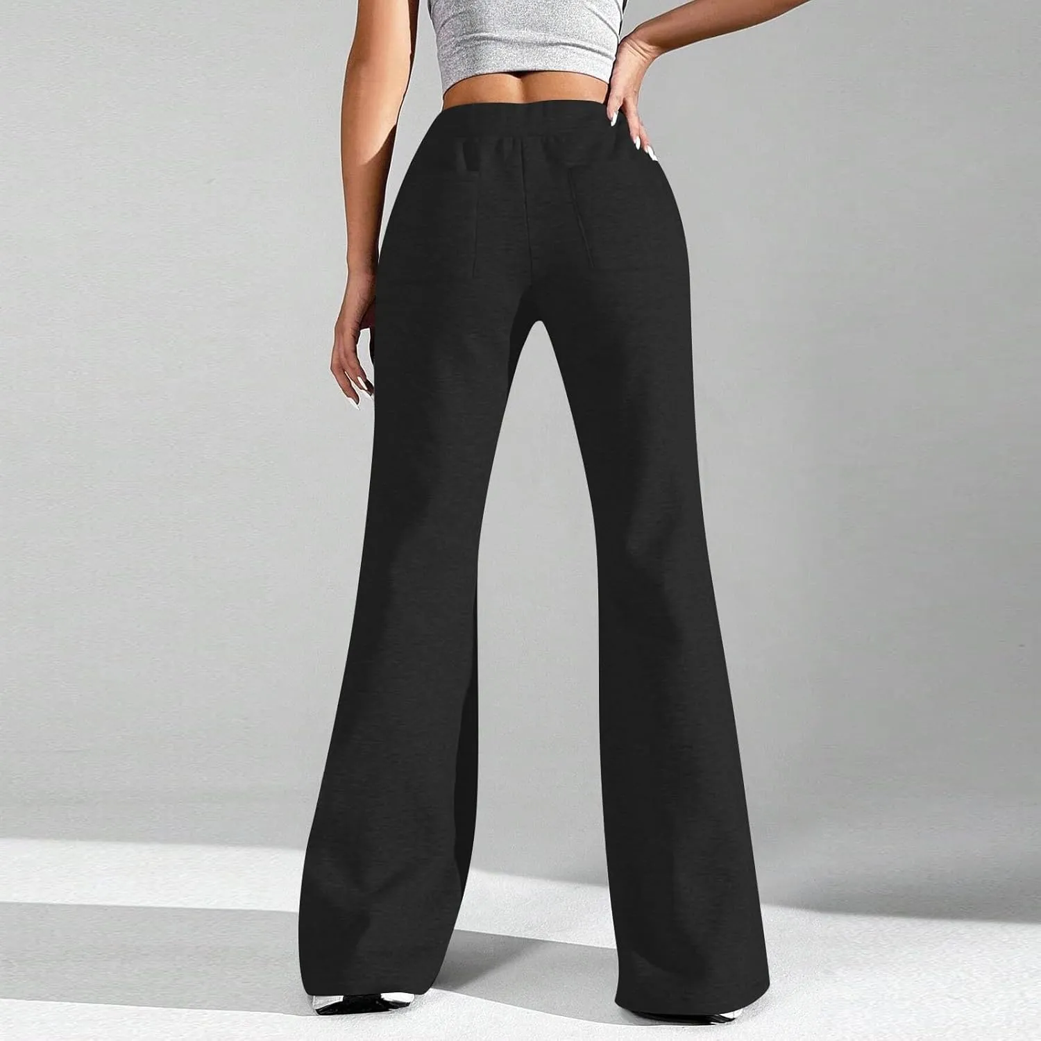 Flare Wide Leg Sweatpants Women Cute Elastic High Waisted Fleece Lined Sweat Pants with Pockets Comfy Lounge Pants